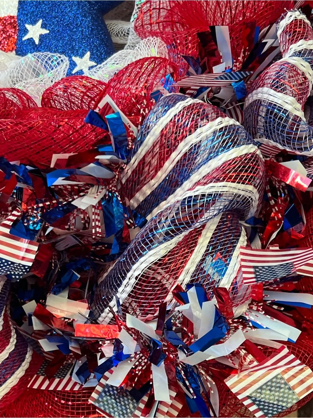 Handmade Patriotic Red, White & Blue with Star Deco Mesh Holiday Wreath